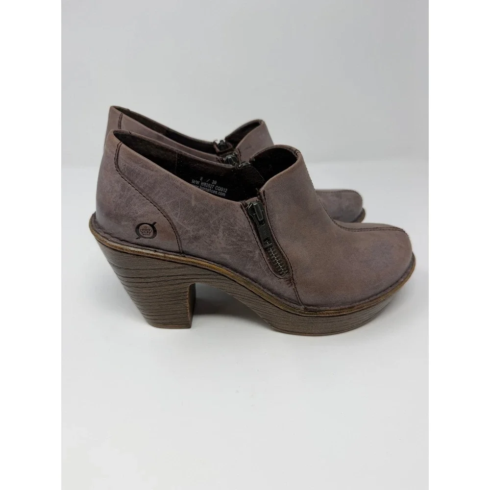 Born W82527 Leather Ankle Booties Brown Platform Block Heel Shooties Womens 8